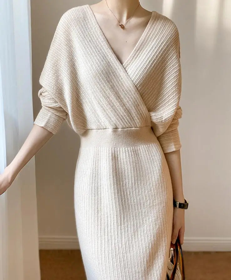 New Autumn/Winter Fashion Long Sleeve V-neck Knitted Solid Color Slim Fit Dress For Women,5 Colors