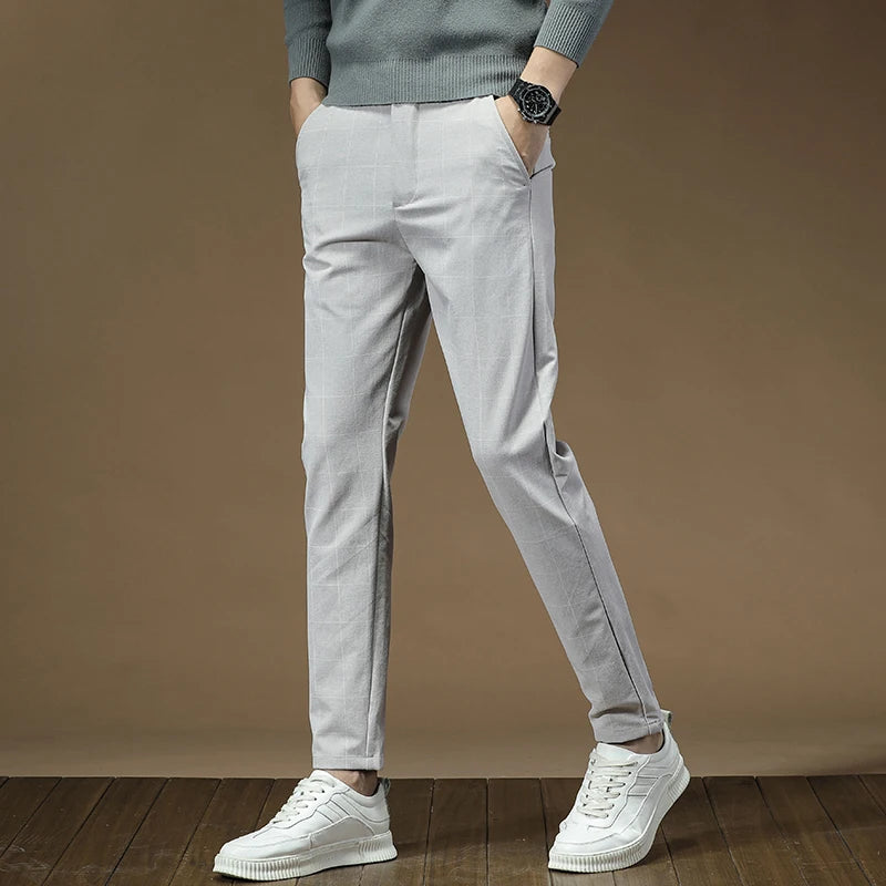 Men's Dress Pants Fashion Plaid Stripe Business Slim Fit Office Classic Retro Suit Pant Korean British Style Wedding Trousers