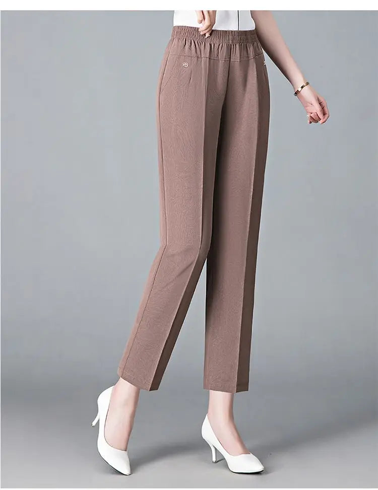 Office Lady Vintage Loose Straight Pants Spring Summer Thin Women Streetwear Fashion Casual Elastic High Waist Cropped Trousers
