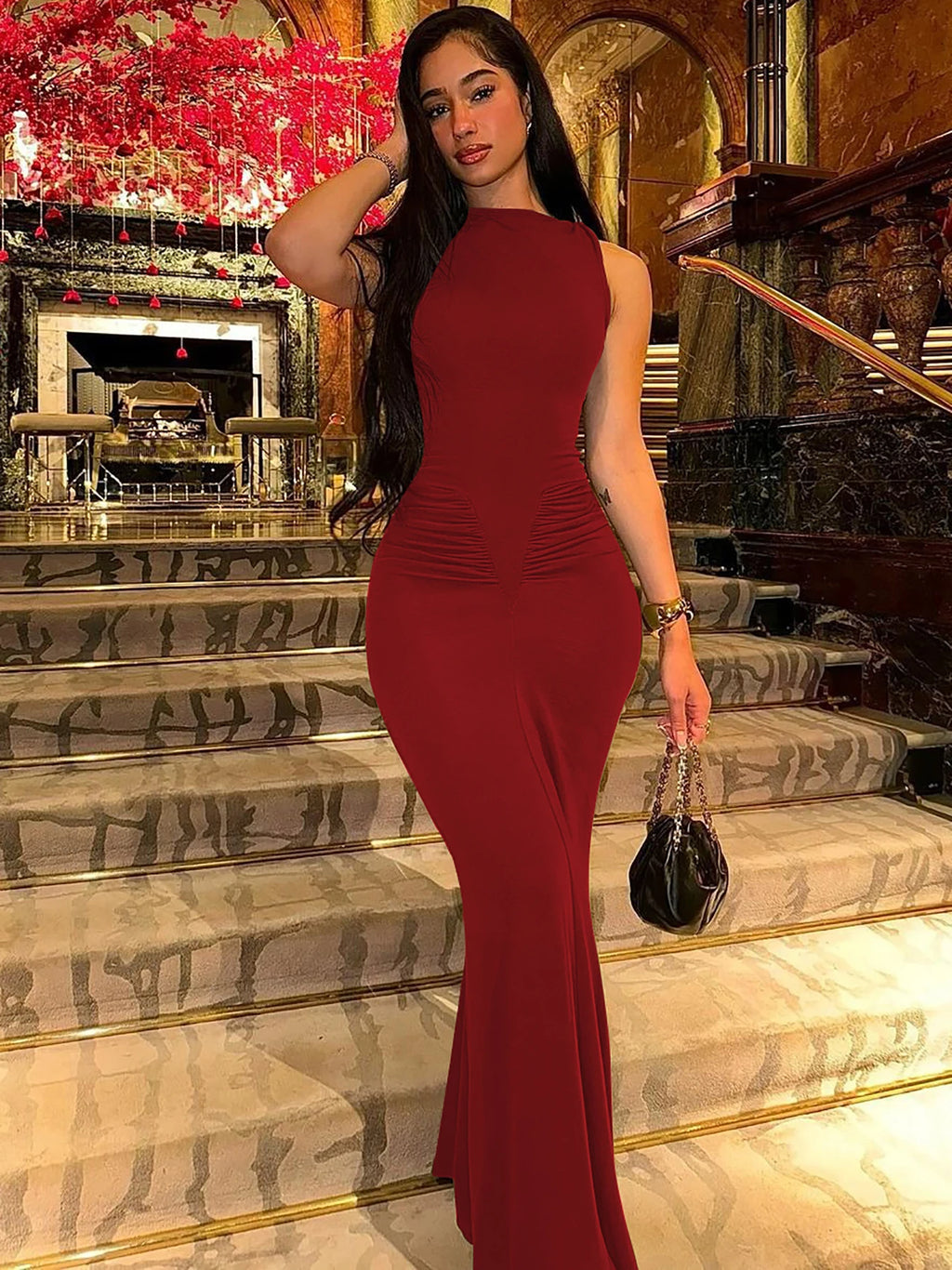 Dulzura Elegant Long Dress Ruched Bodycon Sleeveless Solid Dresses Lady Cocktail Party Wedding Guest Formal Women Clothes 2024
