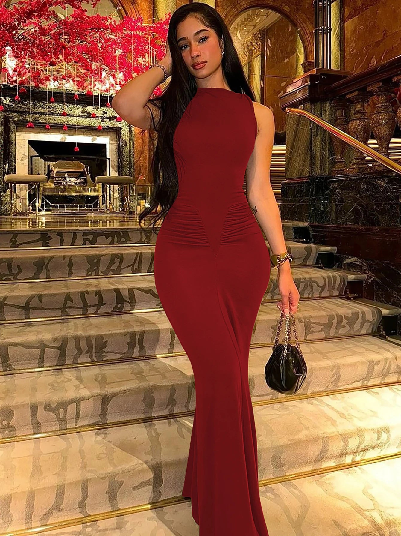 Dulzura Elegant Long Dress Ruched Bodycon Sleeveless Solid Dresses Lady Cocktail Party Wedding Guest Formal Women Clothes 2024