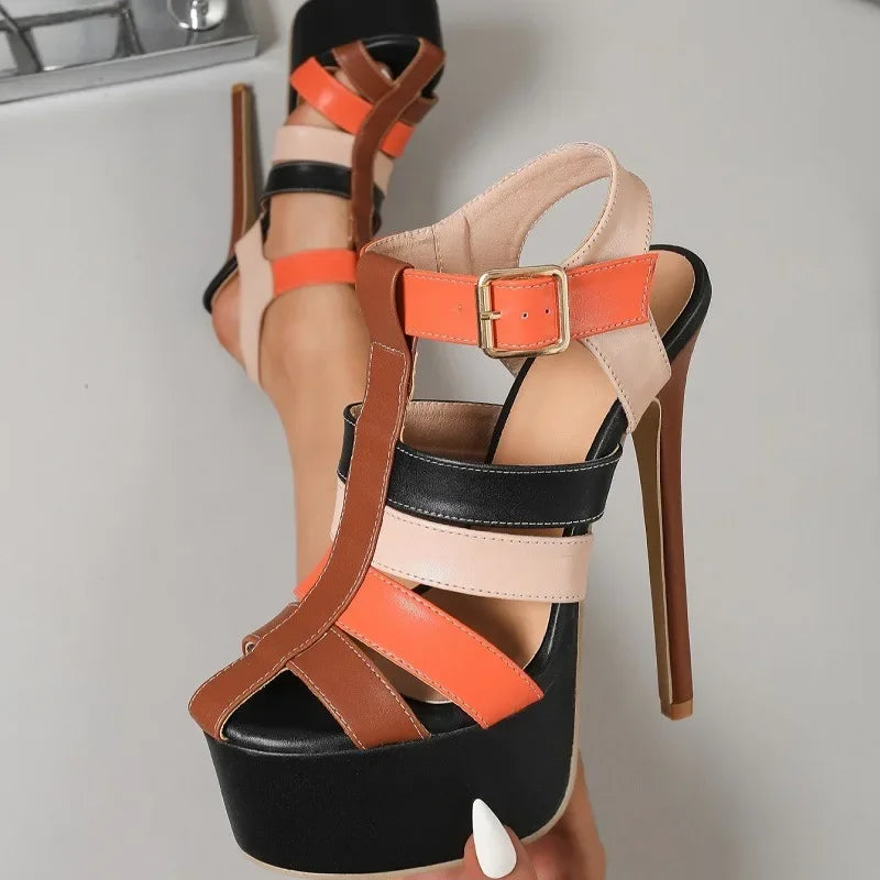 Eilyken Fashion Design Colorful Carnival Prom Buckle Strap Platform Women Sandals Sexy Super Thin High Heels Shoes