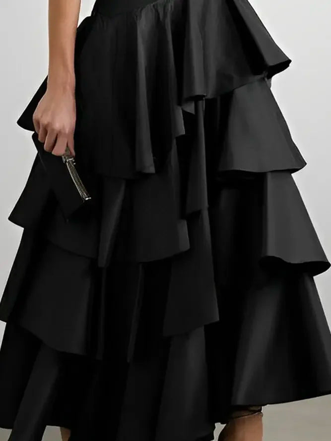 Women's Midi Skirts Summer Autumn Falbala Swing Party A-Line Classic Vintage Skirt for Lady High Waisted Long Skirts Black White