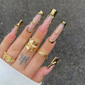Gold French Coffin Press-On Nails | 24pcs Rhinestone Ballerina Full Cover Nail Tips