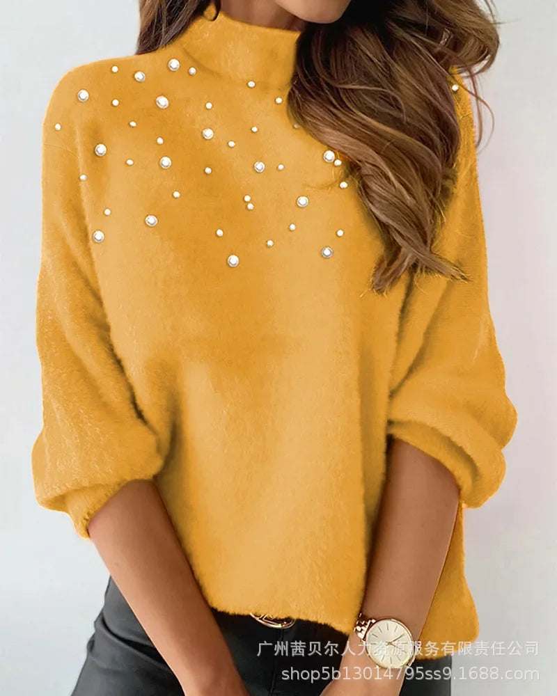 Turtleneck Long-Sleeved Top Knitted Sweaters Beaded Casual Sweaters Women Solid Color Fashion Loose Woolen Sweaters
