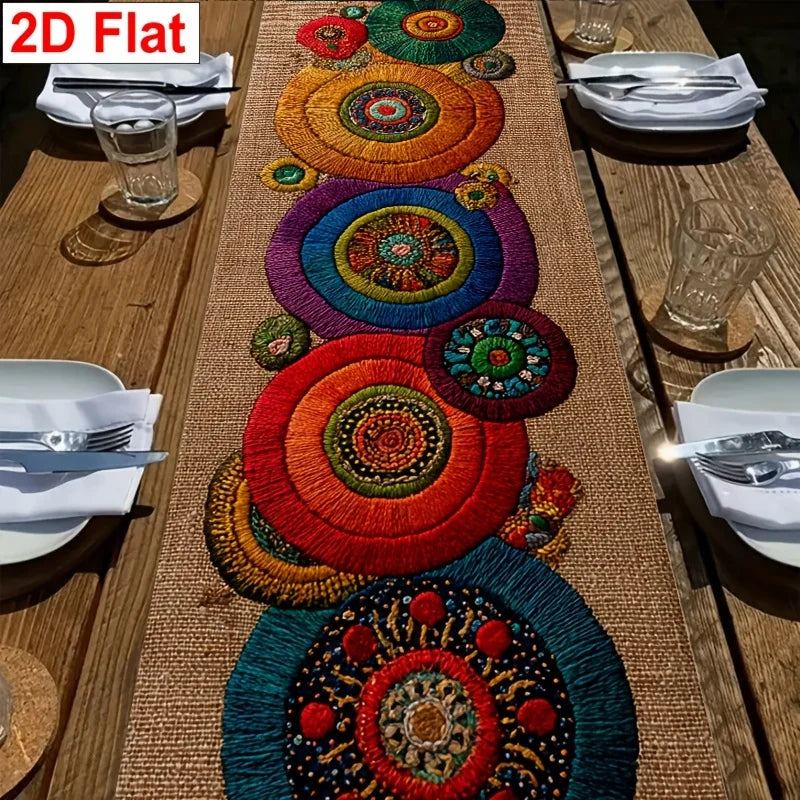 Boho Style Colorful Circular Pattern 2D Flat Table Runner Table Cover for Party Cafe Kitchen Dining Table Banquet  Decoration