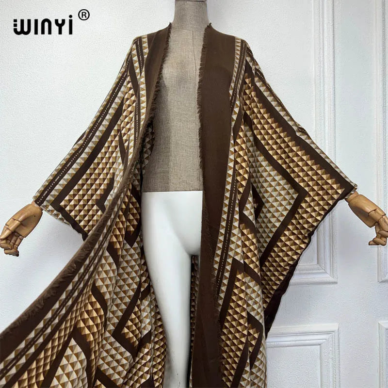 WINYI new winter clothes for women Geometric print Africa Luxury Long Fur Loose dress Thick Warm long down coat winter abaya
