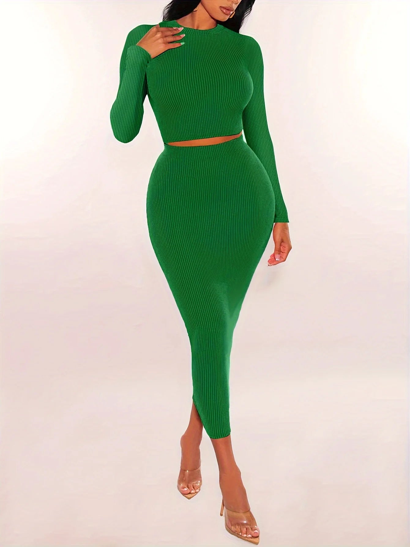Women Skirts Set Long Sleeve Crop Tops Dress Two Piece Solid Color Skinny Bodycons Outfits Suits Knitted Slim Clothing