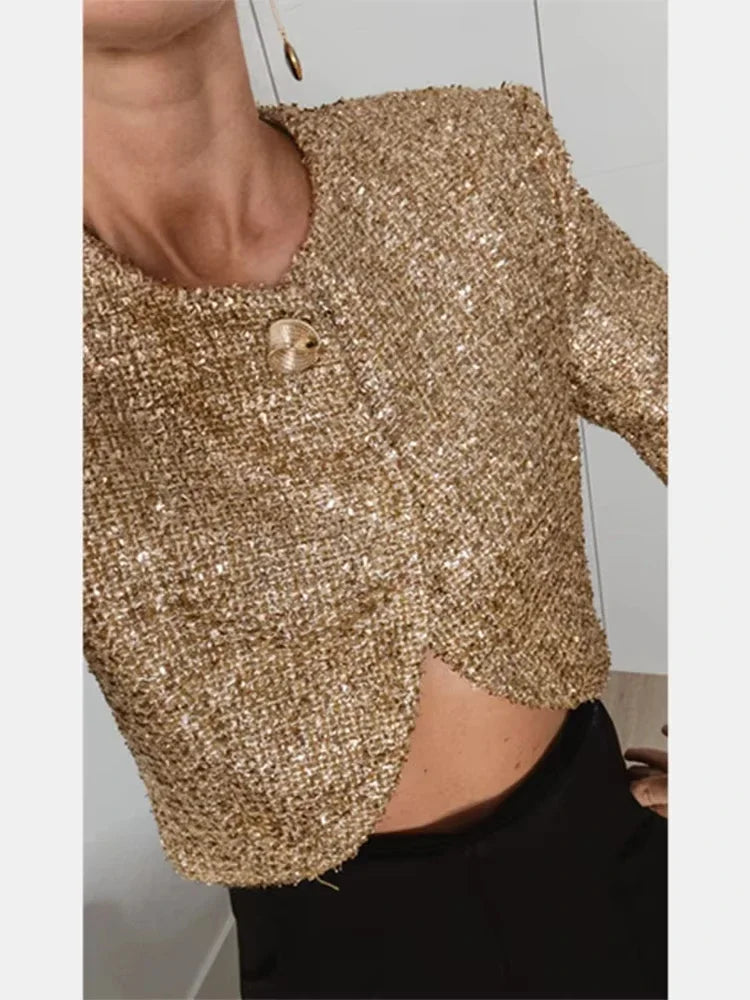 Tweed Style Metallic Thread Jacket Gold Cropped Length Chic Elegant Long Sleeve 2025 Autumn Women Outerwear Fashion Party Jacket
