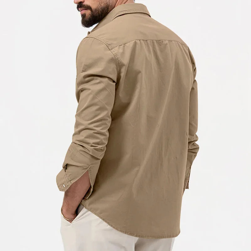 New Men Shirts Long Sleeve Casual Spring Summer Retro Work Multi-pocket Slim Social Business Casual Blouse Solid Color Shirt