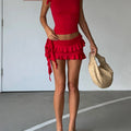 Women Summer Skirts Outfits Solid Color Tie-Up Shoulder Sleeveless Tank Tops Ruffles Mini Skirts 2 Pieces Clothes Set