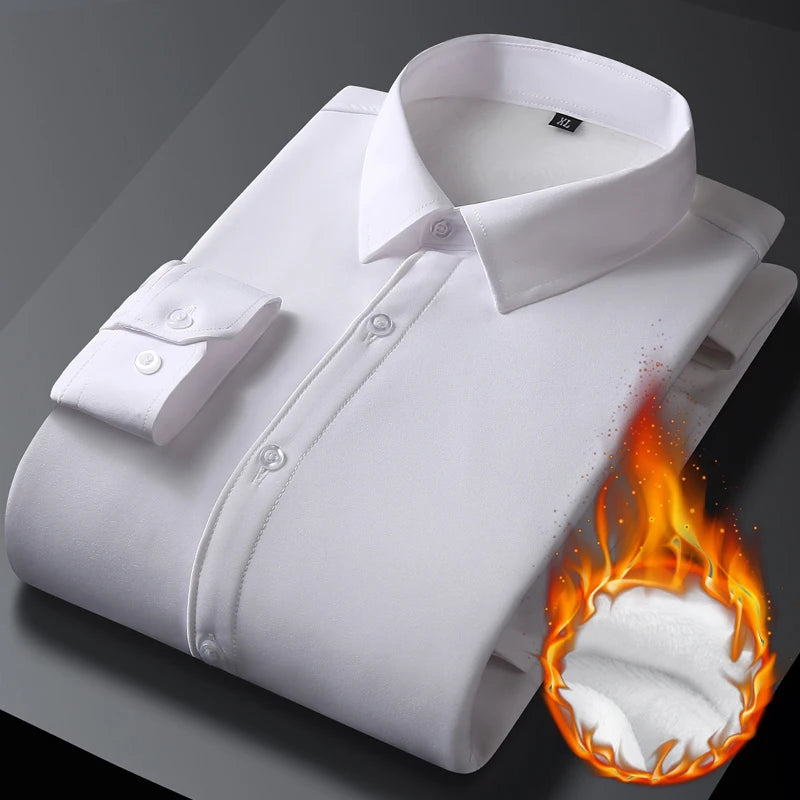 Winter and autumn men's long-sleeved warm-weather shirts for business and casual wear, non-stretchable men's clothing