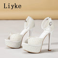 Liyke Sexy Black White High Heels Platform Sandals Women Summer Fashion Design Pearl Peep Toe Wedding Prom Shoe Zapatos De Mujer