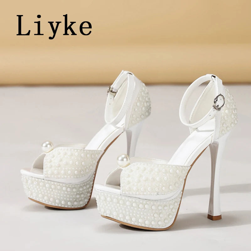 Liyke Sexy Black White High Heels Platform Sandals Women Summer Fashion Design Pearl Peep Toe Wedding Prom Shoe Zapatos De Mujer