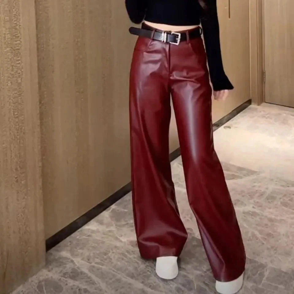 Womens Clothes Black PU leather Pants Women Casual Fashion Streetwear Gothic High Waist Flare leggings Trousers Womens Pants