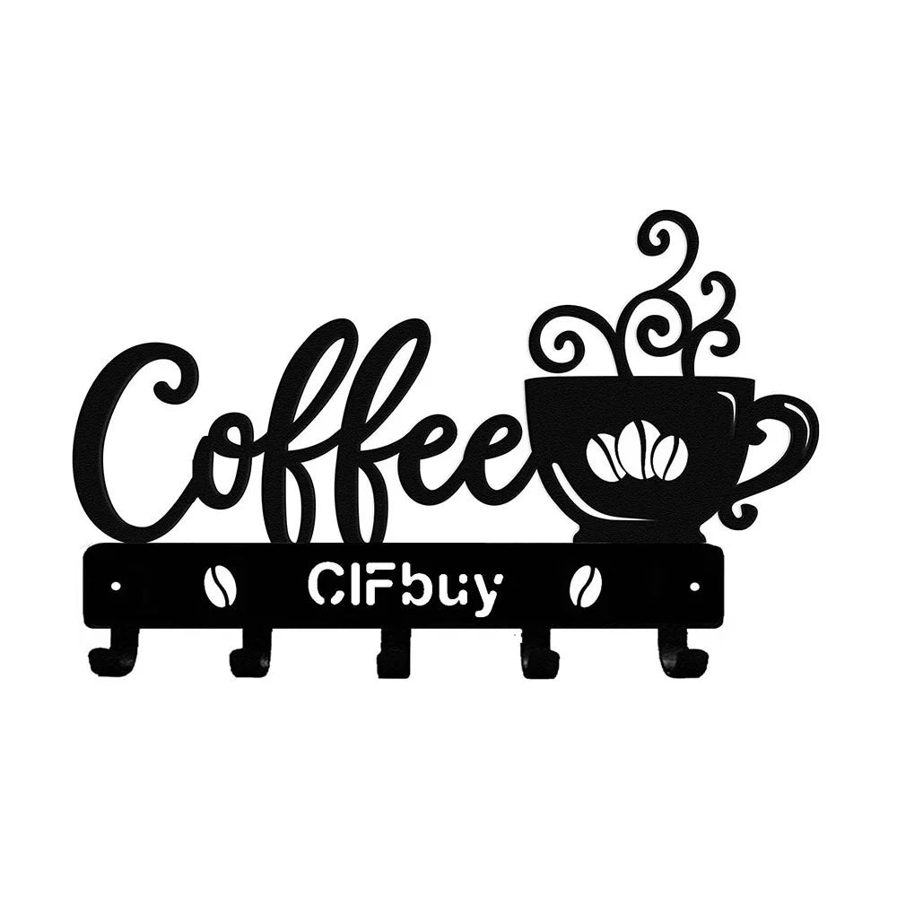 Coffee Bar Decor Rustic Metal Wall Art with Coffee Mug Sign and Hooks