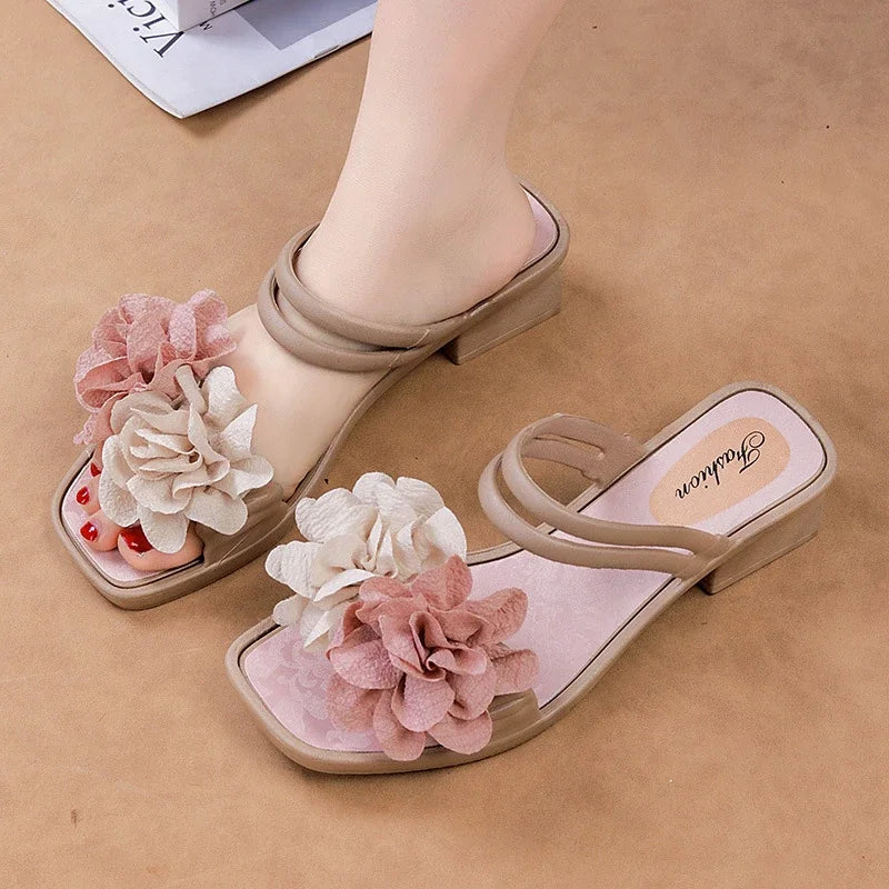 Fashion Women's Chunky Heel Flower Sandals Comfortable Two-Wear Slip on Slides for Wedding Party Vacation Outdoor Y2k