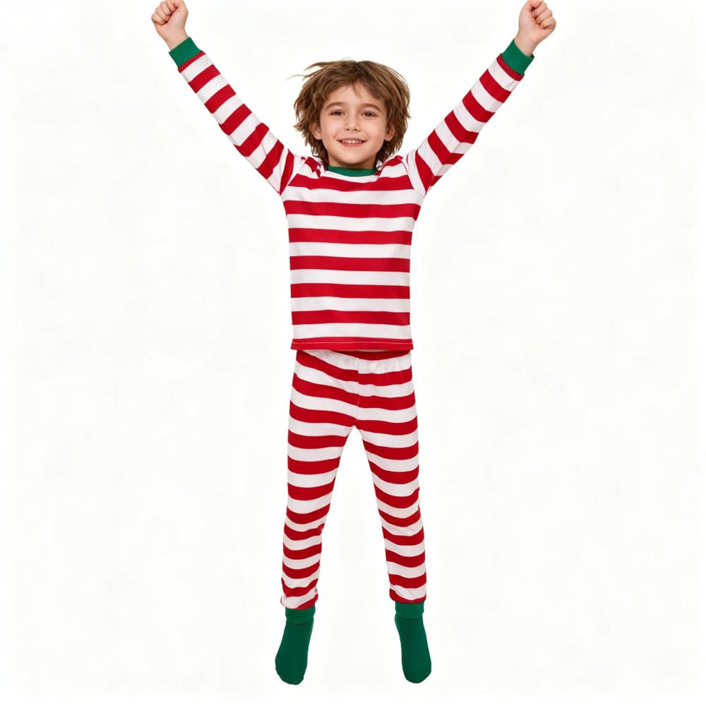 Christmas Kids Pajamas Set Red White Striped Long Sleeve Sleepwear Cute Xmas Pjs for Boys Girls Comfortable Nightwear Outfits
