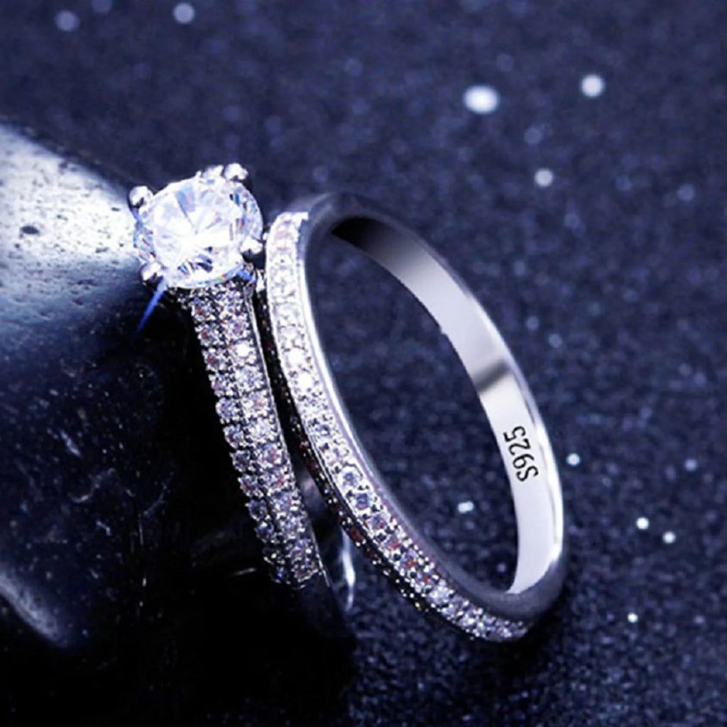 1 pair Vintage Halo 925 Sterling Silver Wedding Ring Set For Women Lady Anniversary Gift Jewelry Bulk Sell