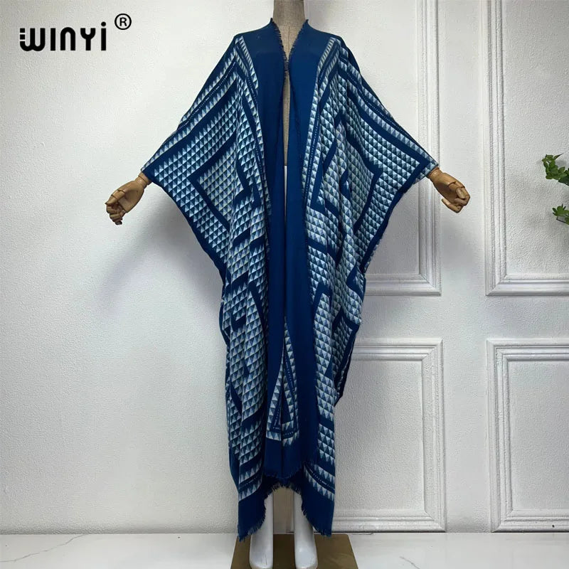WINYI new winter clothes for women Geometric print Africa Luxury Long Fur Loose dress Thick Warm long down coat winter abaya
