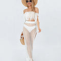 Women 2 Pieces Beachwear Outfits Solid Color Hollow-Out Tassel Off Shoulder Cover-Ups Slit High Waist Sarong Long Skirts Set
