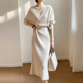 New Autumn/Winter Fashion Long Sleeve V-neck Knitted Solid Color Slim Fit Dress For Women,5 Colors