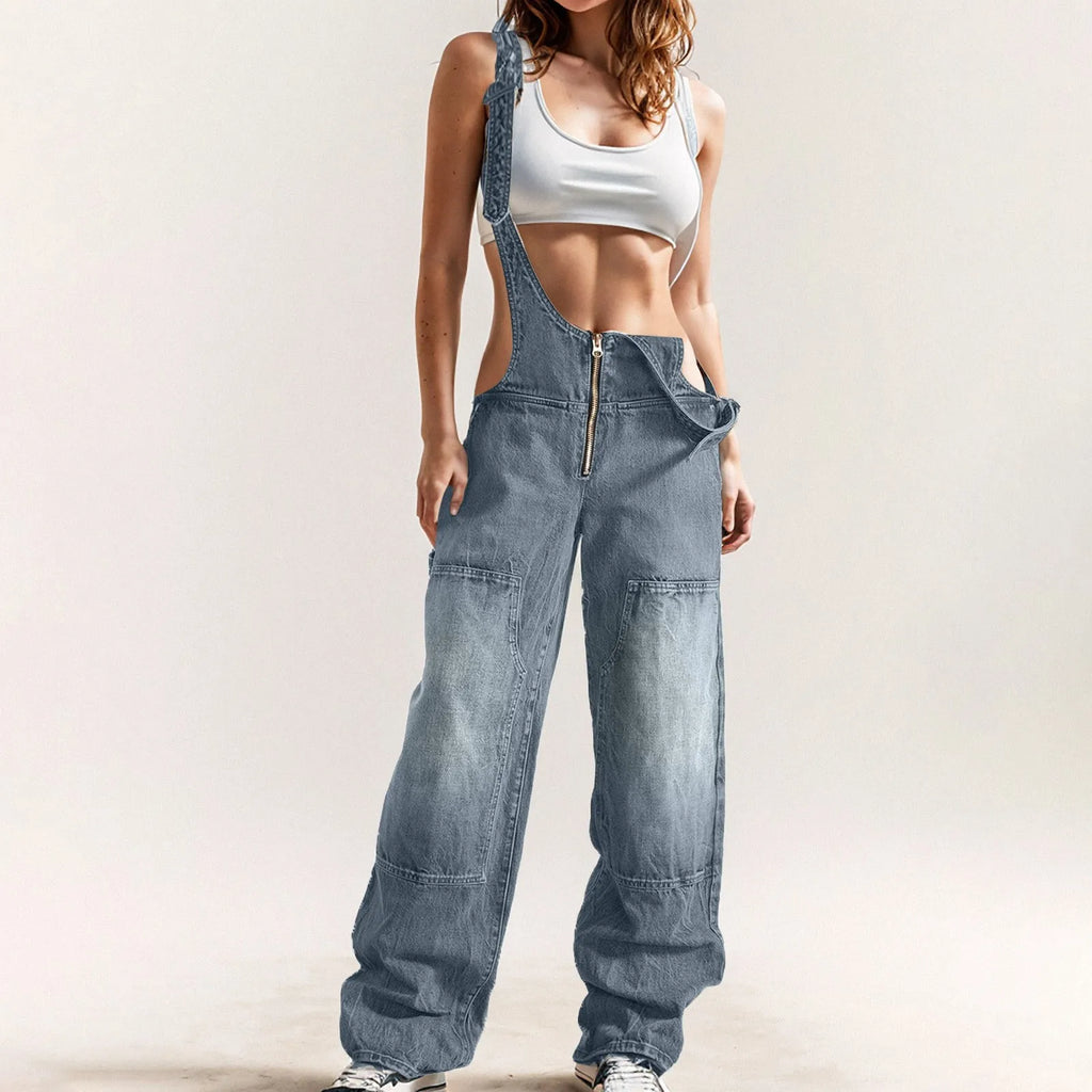 Women Adjustable Straps Loose Straight Wide Leg Jeans Dress Romper
