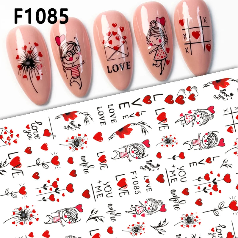 1PCS Valentine's Day Nail Stickers Cartoon Love Nail Supplies Nail Decals for Ladies Nail Art Decoration