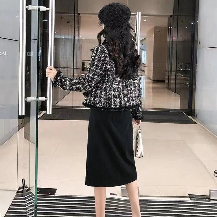 Luxury Tweed Jacket Women Coat Long Sleeve Tweed Blazer Crop Jacket Short Tops Plaid Pockets Office Ladies Clothing New