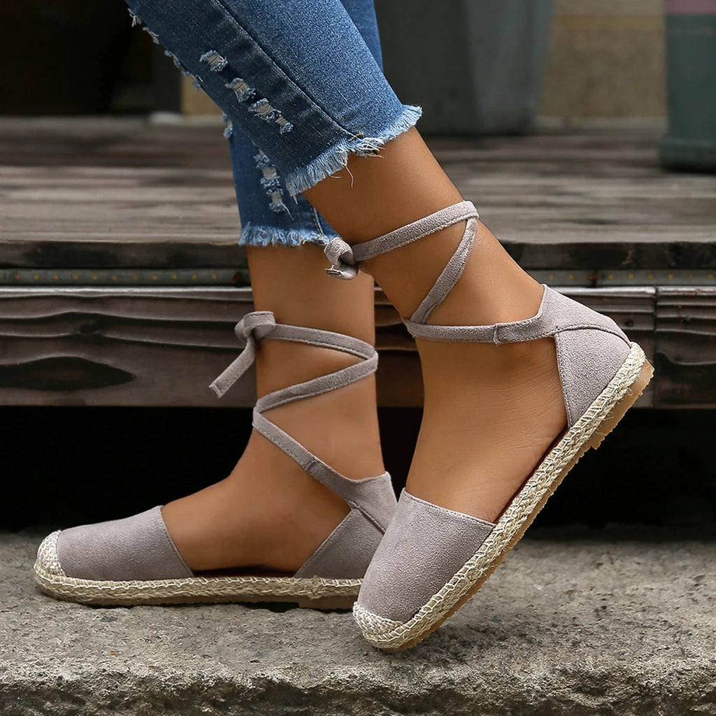 Women Sandals Summer Fashion Round Toe Solid Casual Shoes Flat Ankle Lace Up Rattan Straw Sole Roman Sandals Designer Sandals