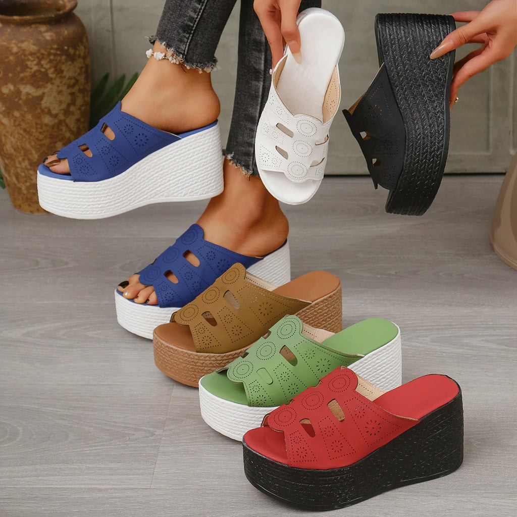 Women Fashion Hollow Out Wedge Heel Sandals Peep Toe Chunky Platform Sandals Summer Anti Slip Thick Bottom Beach Slippers