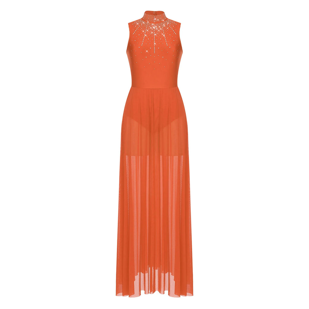 Womens Lyrical Dance Dresses Mock Neck Wide Hemline Shiny Rhinestones Maxi Dress Sleeveless Modern Contemporary Leotard Dresses
