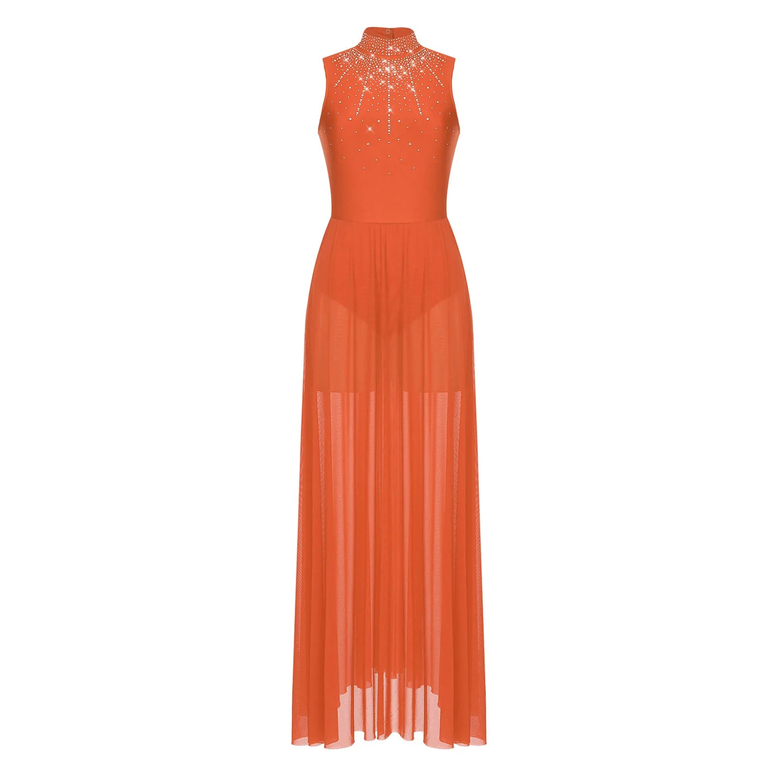 Womens Lyrical Dance Dresses Mock Neck Wide Hemline Shiny Rhinestones Maxi Dress Sleeveless Modern Contemporary Leotard Dresses