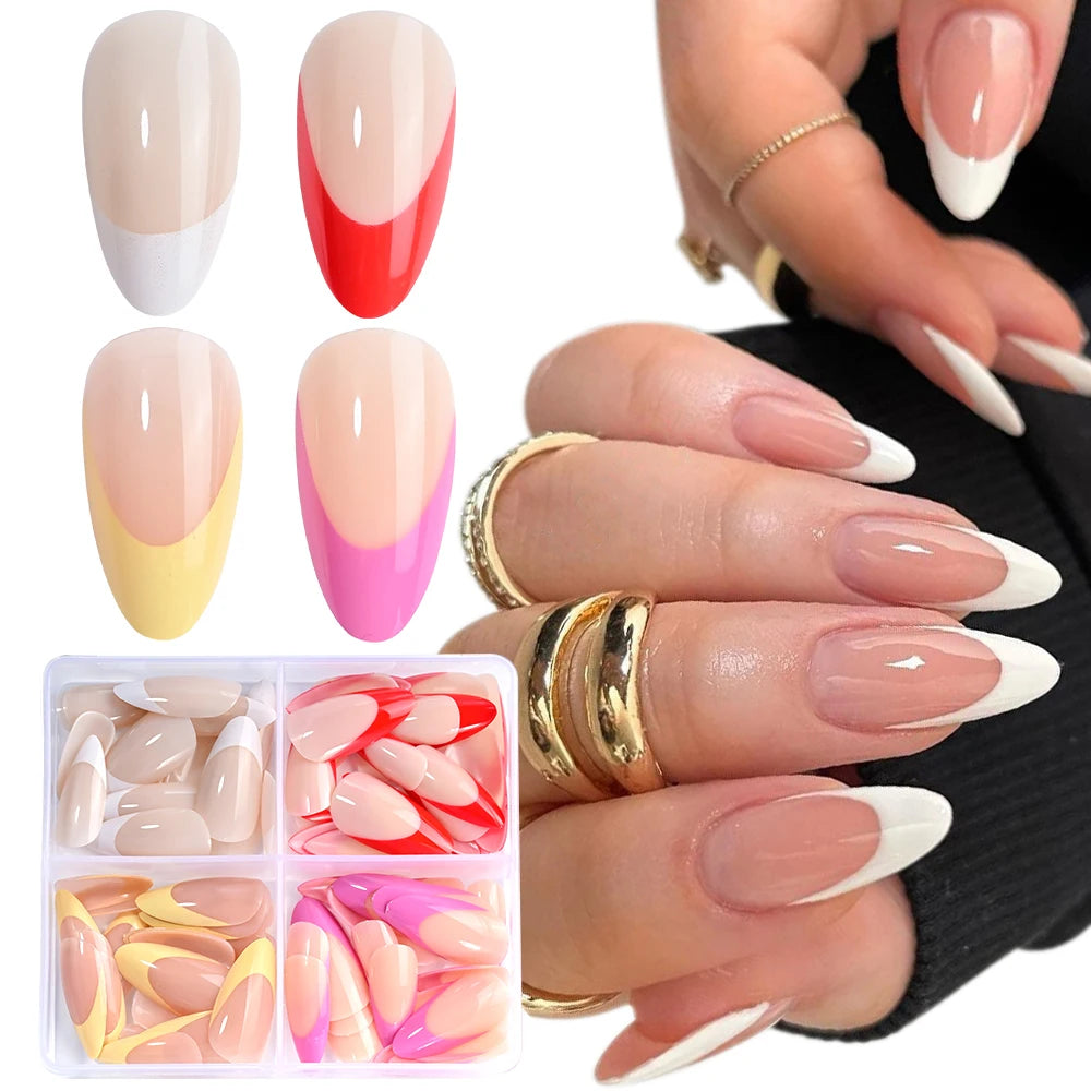 96Pcs/box Mixed Medium Almond French False Nails White/Red/Pink/Yellow French Press On Nails Full Cover Actylic Nail Fake Tips!5