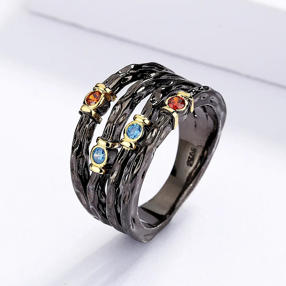 925 Stamp Inlaid with Colorful Zircon Women's Ring Multi-layer Irregular Black Gold Jewelry Women's Party Birthday Gift