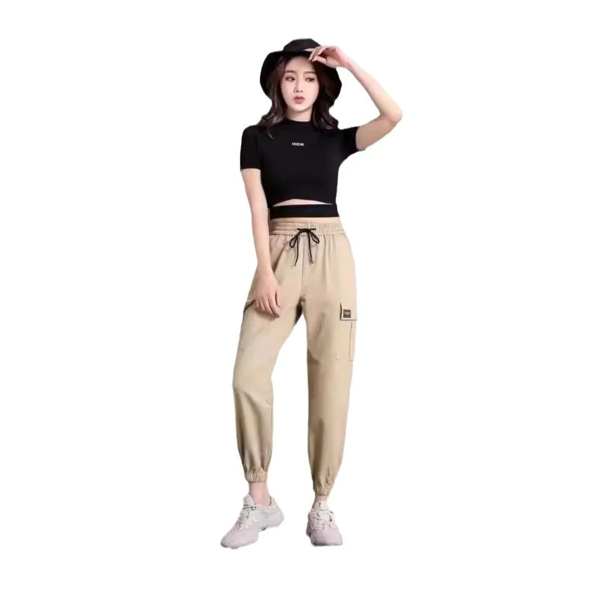 Women Pants Thin Style New Solid Casual Pockets Wide Leg Trousers Drawstring Fashion Ladies Straight Pants Versatile Trend