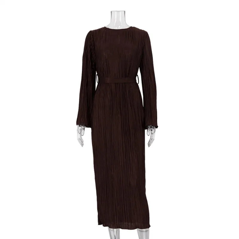 Autumn Winter Party Dress for Women 2025 Y2K INS Elegant Fashion Long Sleeve O Neck Lace Up Folds Evening Graduation Long Dress