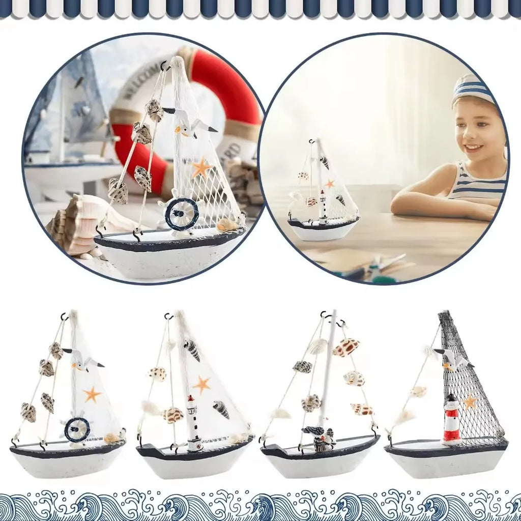 Mini Nautical Style Wooden Sailing Boat Ship-Nautical Blue Craft Ornament for Home Party Room Decoration Marine Themed Accents