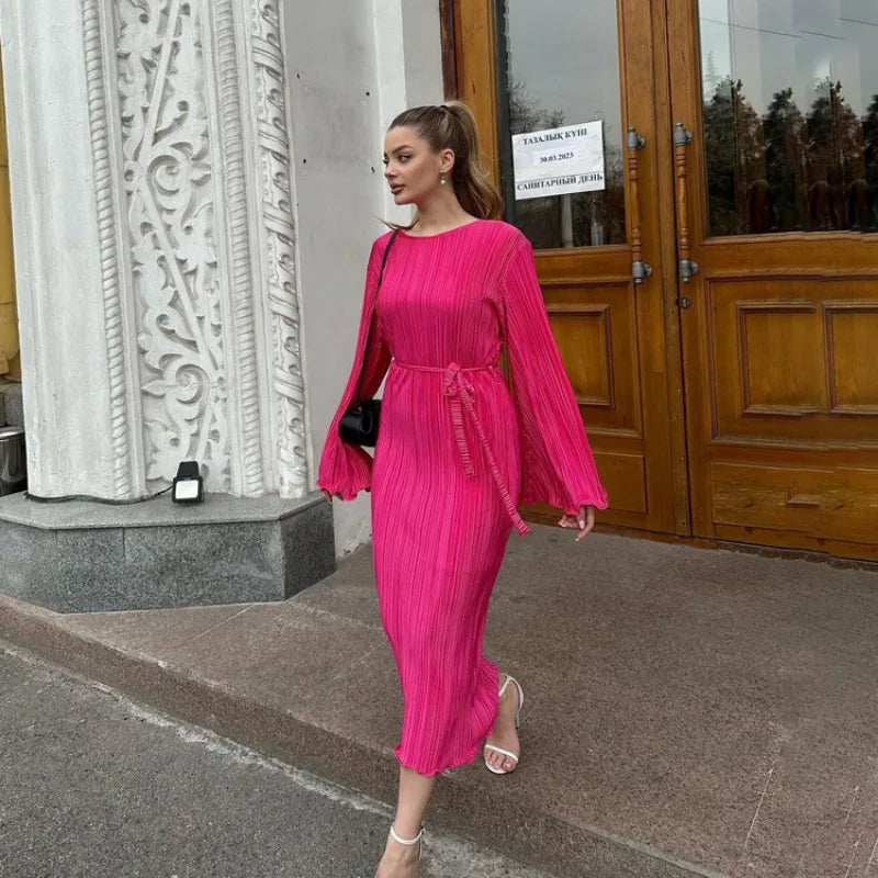 Autumn Winter Party Dress for Women 2025 Y2K INS Elegant Fashion Long Sleeve O Neck Lace Up Folds Evening Graduation Long Dress