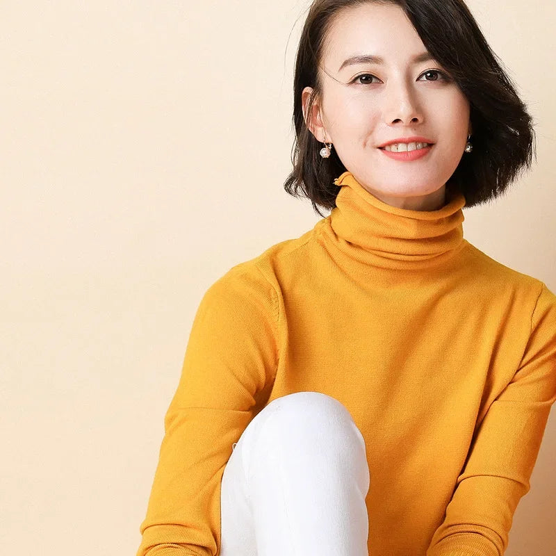 Turtleneck Women Sweater Warm Winter Solid Korean Stretch Slim Lady Jumpers Cashmere Black Sweater Pullover Femme Basic Knitwear
