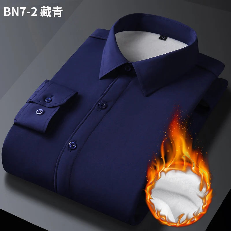Winter and autumn men's long-sleeved warm-weather shirts for business and casual wear, non-stretchable men's clothing