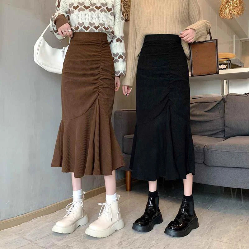 Fashion High Waist Midi Skirts for Women 2023 Spring Slim Fit  Hip Mermaid Skirt Woman Korean Ruffles Brown Skirts 2XL