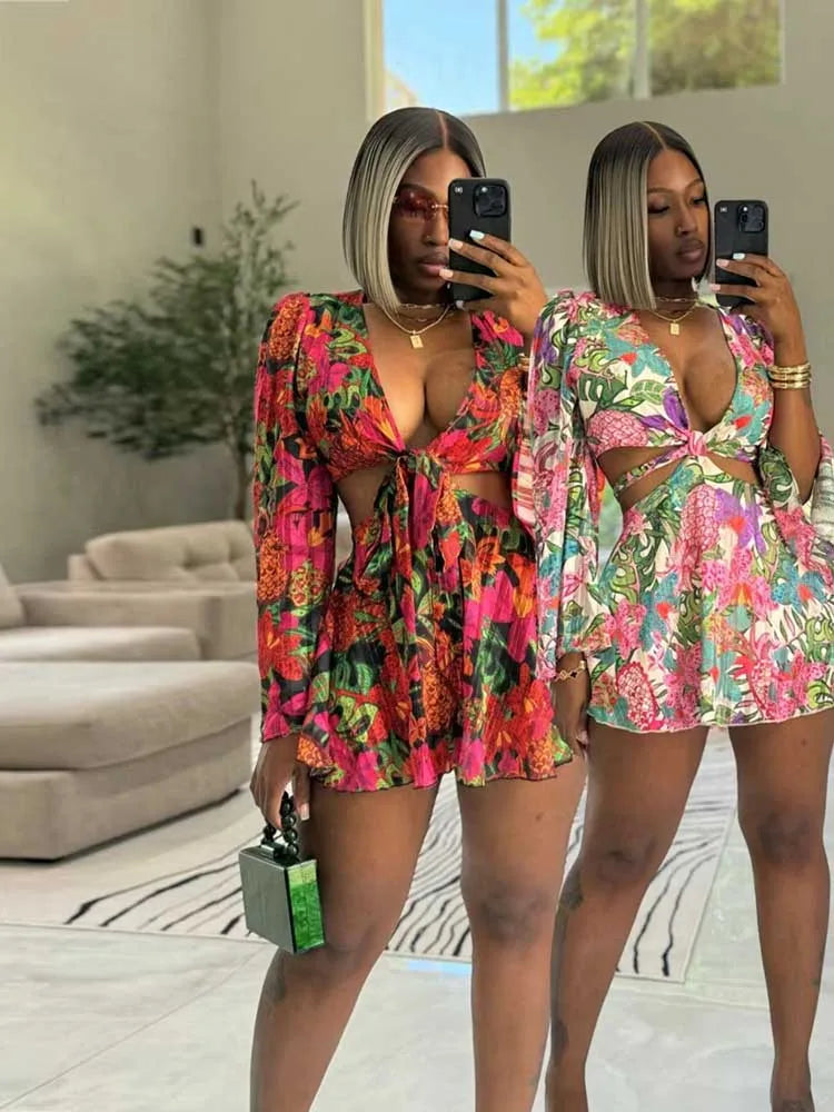 Women Sexy Outfits Skirt Sets with Top Lace-up Flare Sleeves Nightclub Wear with Flower Print Two Piece Sets Skirt and Crop Top