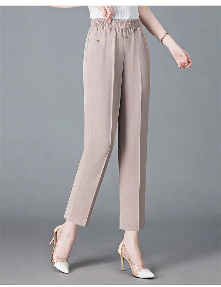 Office Lady Vintage Loose Straight Pants Spring Summer Thin Women Streetwear Fashion Casual Elastic High Waist Cropped Trousers