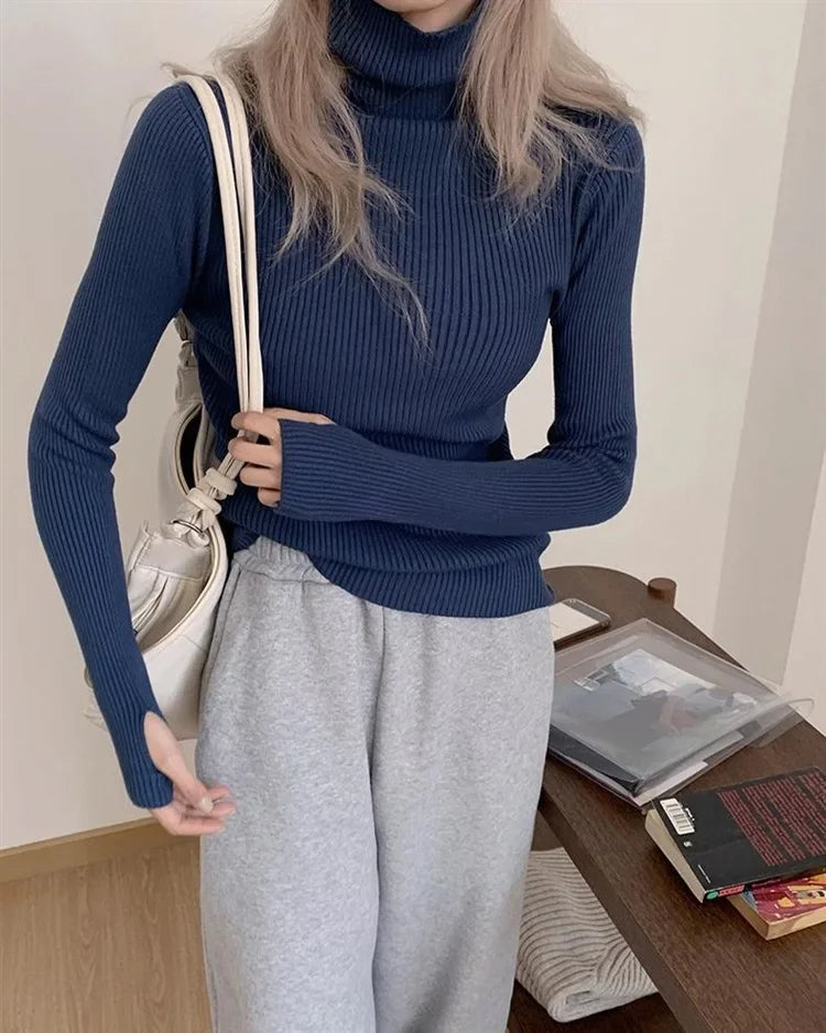 Women Turtlneck Sweater Elegant Solid Basic Knitted Tops Casual Pullover Korean Fashion Simple with Thumb Holes Chic Clothes