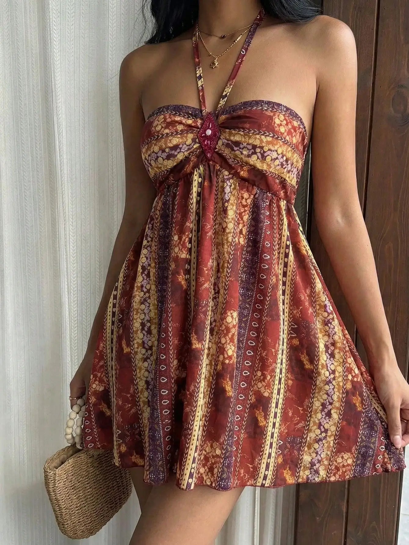 Bohemian Paisley Sequin Halter Mini Dress – Retro Summer Style