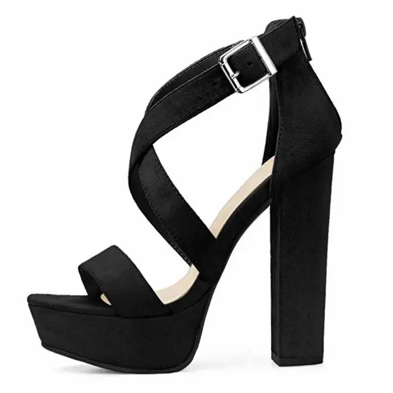 Women Sandals Open Toe Thick High Heels Chunky Cross Strap Buckle Platform Pumps Dress Party Wedding Shoes