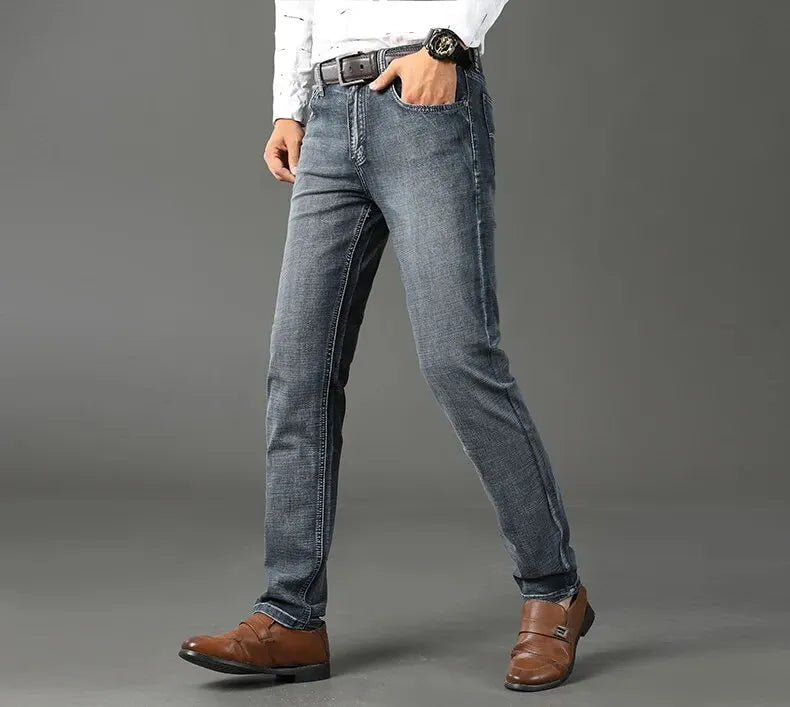 Wthinlee New Business Men's Jeans fleece Casual Straight Stretch Fashion Classic Blue Black Work Denim Trousers Male  Clothing