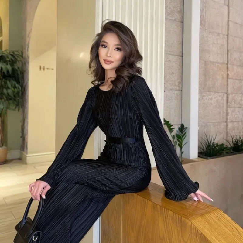 Autumn Winter Party Dress for Women 2025 Y2K INS Elegant Fashion Long Sleeve O Neck Lace Up Folds Evening Graduation Long Dress