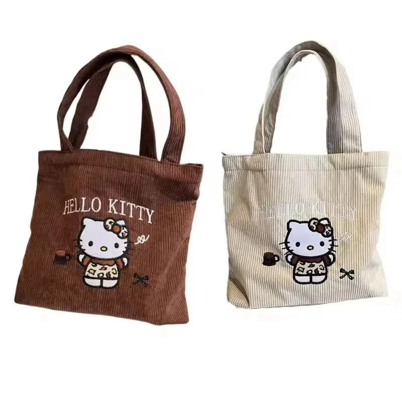 New Hello Kitty Handbag Cute Embroidered Large-Capacity Cartoon Handbag Corduroy Small Bag Students School Single Shoulder Bag